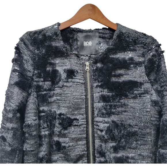 BDB Buffalo David Bitton Womens Medium Black Faux Fur Sequin Jacket Collarless - Picture 3 of 8